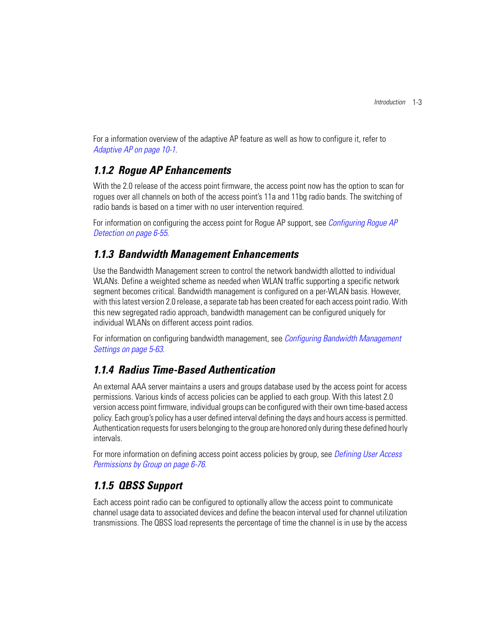 2 rogue ap enhancements, 3 bandwidth management enhancements, 4 radius time-based authentication | 5 qbss support, Rogue ap enhancements, Bandwidth management enhancements, Radius time-based authentication, Qbss support | Motorola AP-51XX User Manual | Page 19 / 698