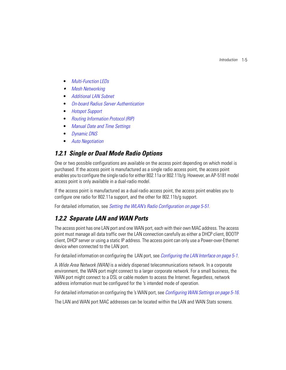 1 single or dual mode radio options, 2 separate lan and wan ports, Single or dual mode radio options | Separate lan and wan ports | Motorola AP-51XX User Manual | Page 21 / 698