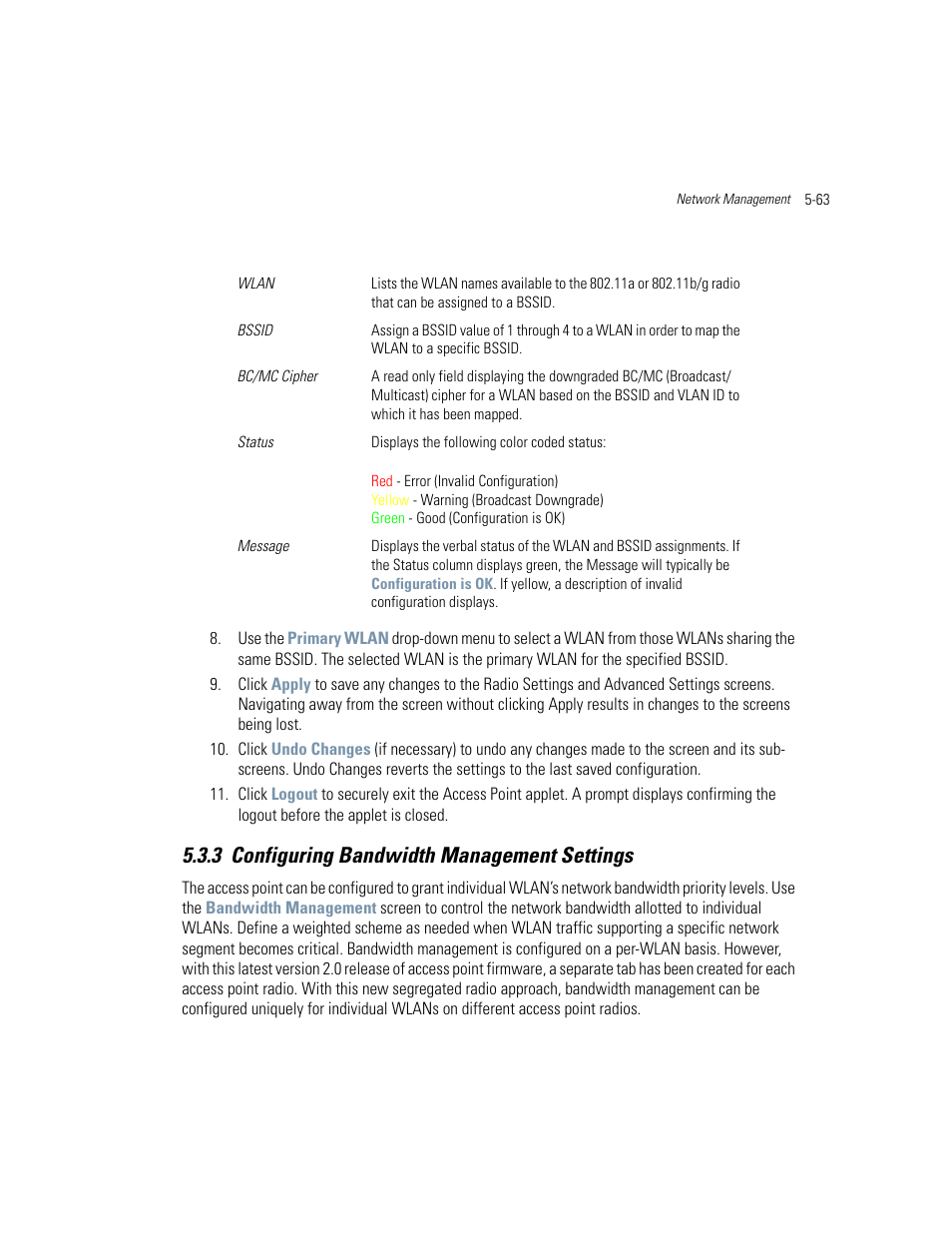 3 configuring bandwidth management settings, Configuring bandwidth management settings -63, Configuring bandwidth management | Motorola AP-51XX User Manual | Page 211 / 698
