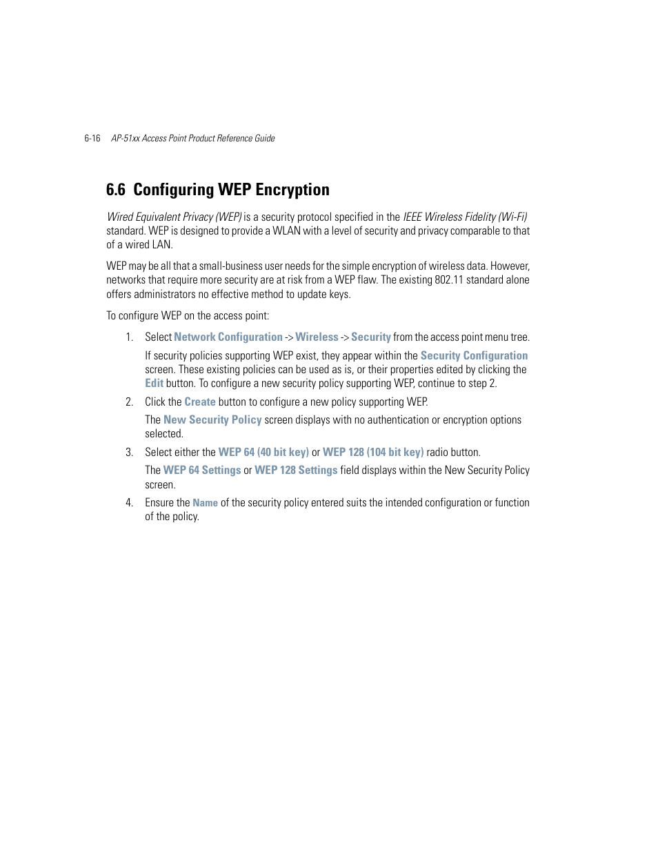 6 configuring wep encryption, Configuring wep encryption -16, Configuring wep | Motorola AP-51XX User Manual | Page 234 / 698