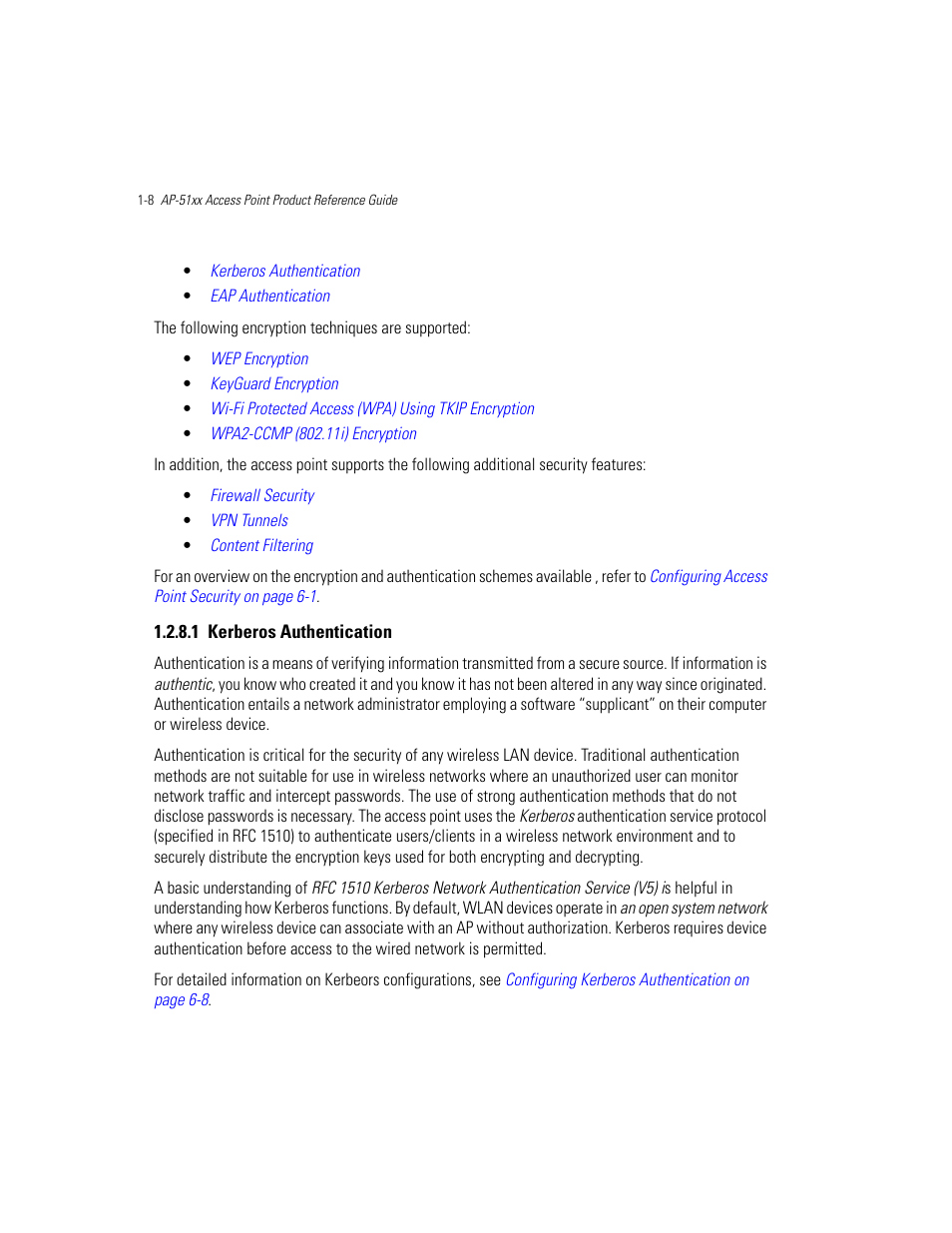 1 kerberos authentication, Kerberos authentication -8 | Motorola AP-51XX User Manual | Page 24 / 698