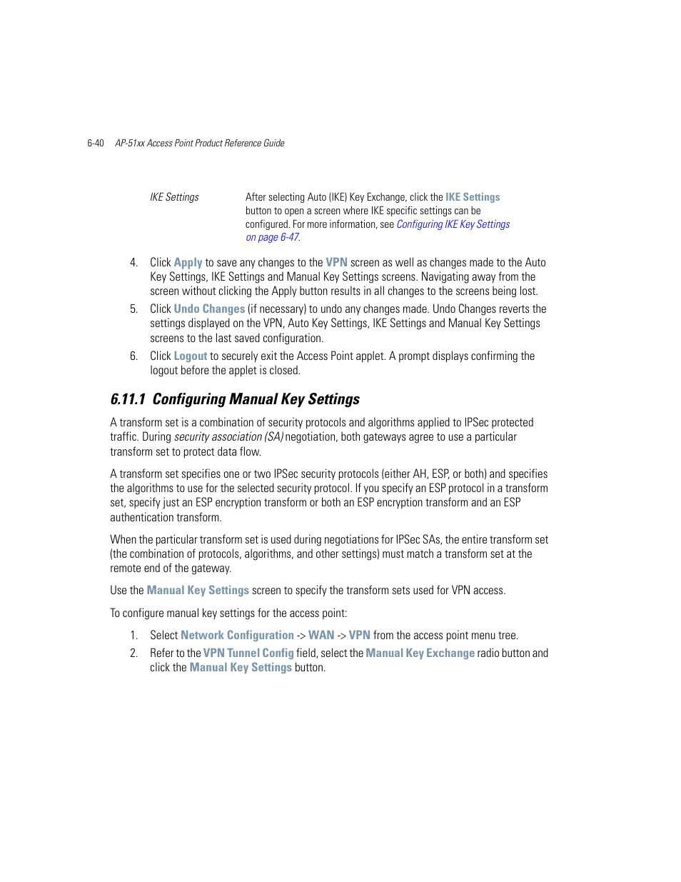 1 configuring manual key settings, Configuring manual key settings -40, Rmation, see | Configuring manual key settings on | Motorola AP-51XX User Manual | Page 258 / 698