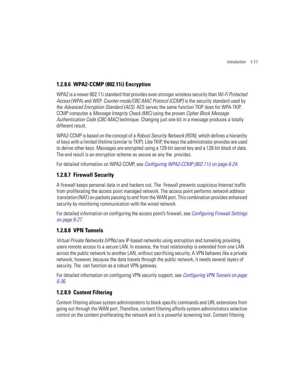 6 wpa2-ccmp (802.11i) encryption, 7 firewall security, 8 vpn tunnels | 9 content filtering, Vpn tunnels -11 content filtering -11, Wpa2-ccmp (802.11i) encryption, Firewall security, Vpn tunnels, Content filtering | Motorola AP-51XX User Manual | Page 27 / 698