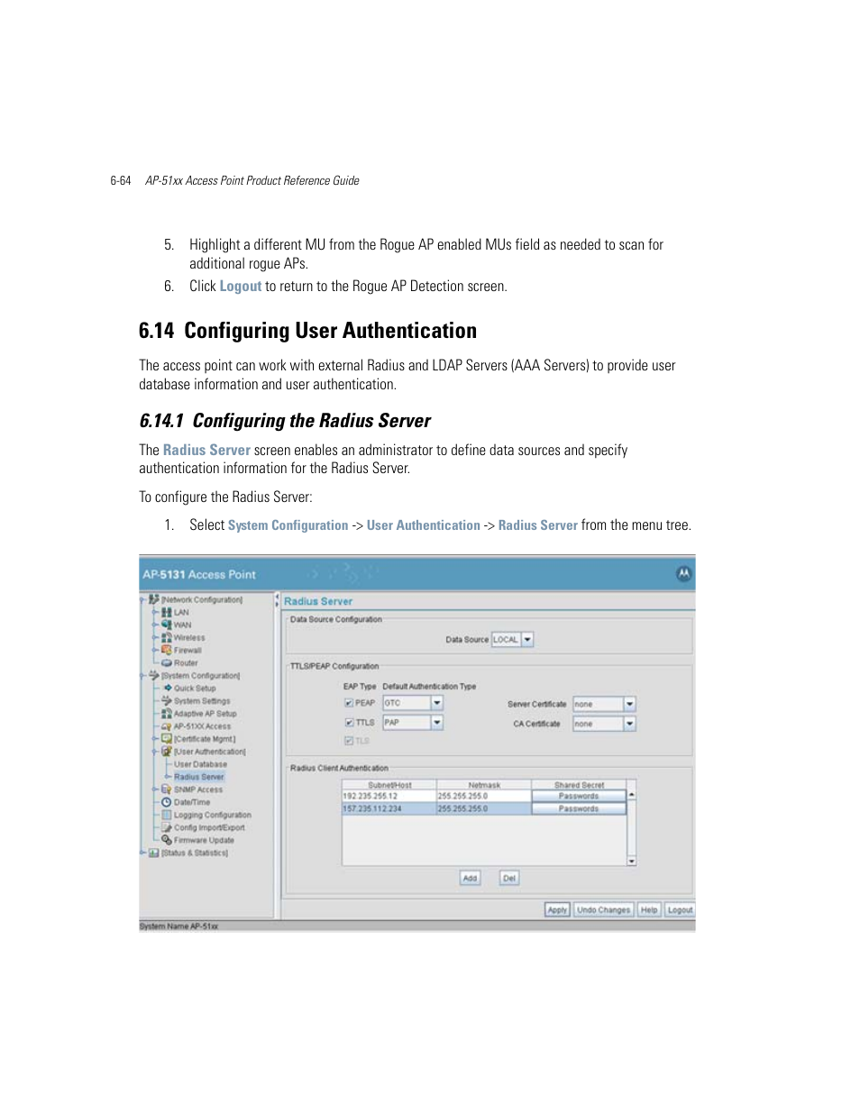 14 configuring user authentication, 1 configuring the radius server, Configuring user authentication -64 | Configuring the radius server -64 | Motorola AP-51XX User Manual | Page 282 / 698