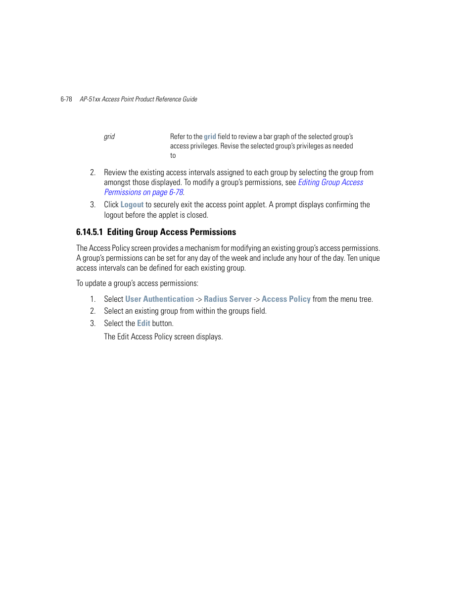 1 editing group access permissions, Editing group access permissions -78, Information, see | Editing group, For information on creating a | Motorola AP-51XX User Manual | Page 296 / 698