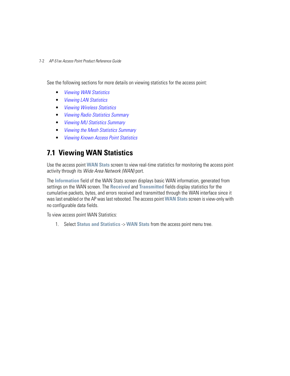 1 viewing wan statistics, Viewing wan statistics -2, Viewing wan statistics | S, see, Viewing wan, Viewing wan statistics on | Motorola AP-51XX User Manual | Page 300 / 698