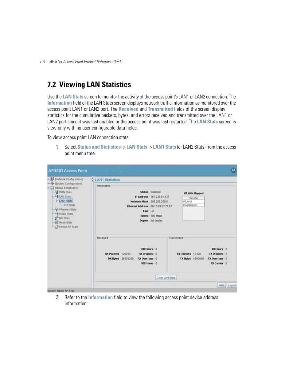 2 viewing lan statistics, Viewing lan statistics -6, Viewing lan statistics | Motorola AP-51XX User Manual | Page 304 / 698