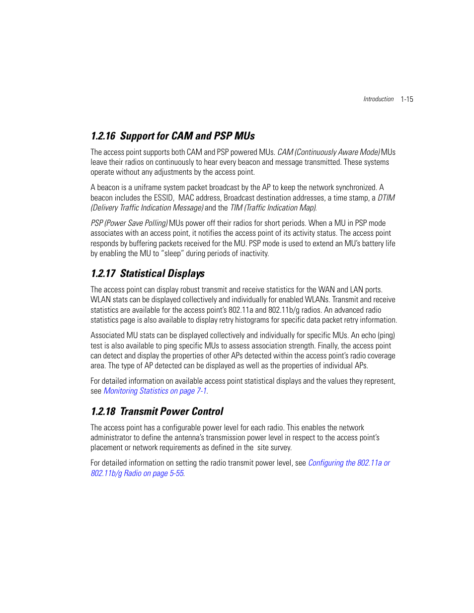 16 support for cam and psp mus, 17 statistical displays, 18 transmit power control | Support for cam and psp mus, Statistical displays, Transmit power control | Motorola AP-51XX User Manual | Page 31 / 698