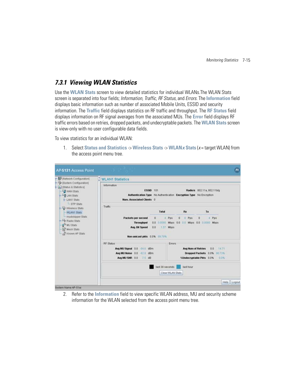 1 viewing wlan statistics, Viewing wlan statistics -15 | Motorola AP-51XX User Manual | Page 313 / 698