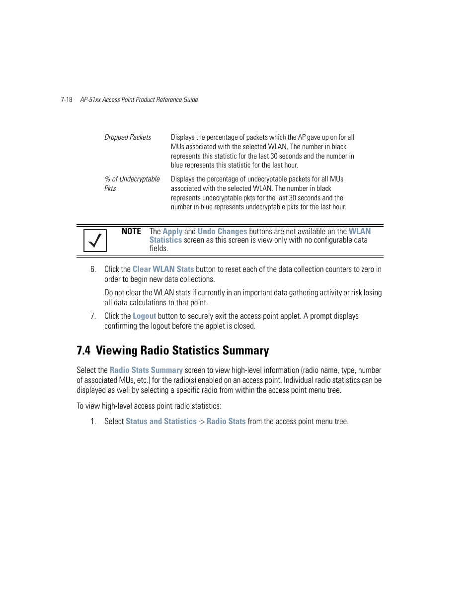 4 viewing radio statistics summary, Viewing radio statistics summary -18, Viewing radio statistics summary | Motorola AP-51XX User Manual | Page 316 / 698