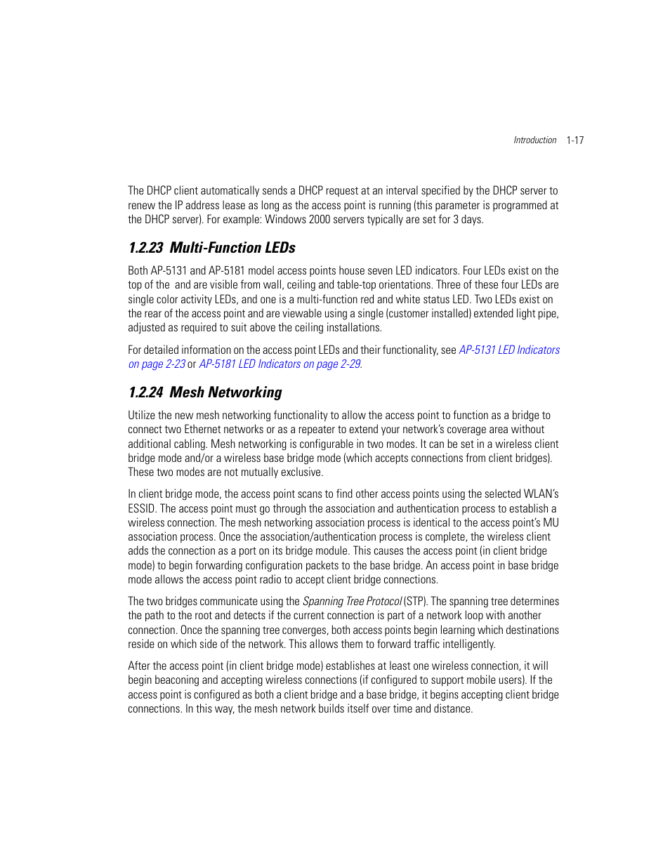 23 multi-function leds, 24 mesh networking, Multi-function leds -17 mesh networking -17 | Multi-function leds, Mesh networking | Motorola AP-51XX User Manual | Page 33 / 698