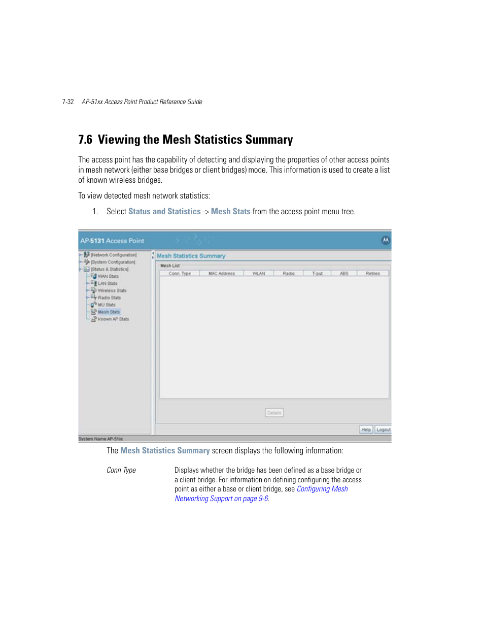 6 viewing the mesh statistics summary, Viewing the mesh statistics summary -32, Viewing the mesh statistics summary | Motorola AP-51XX User Manual | Page 330 / 698