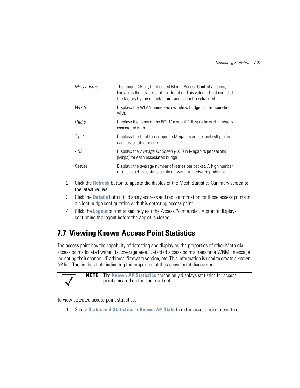 7 viewing known access point statistics, Viewing known access point statistics -33, Viewing known access point statistics | Motorola AP-51XX User Manual | Page 331 / 698