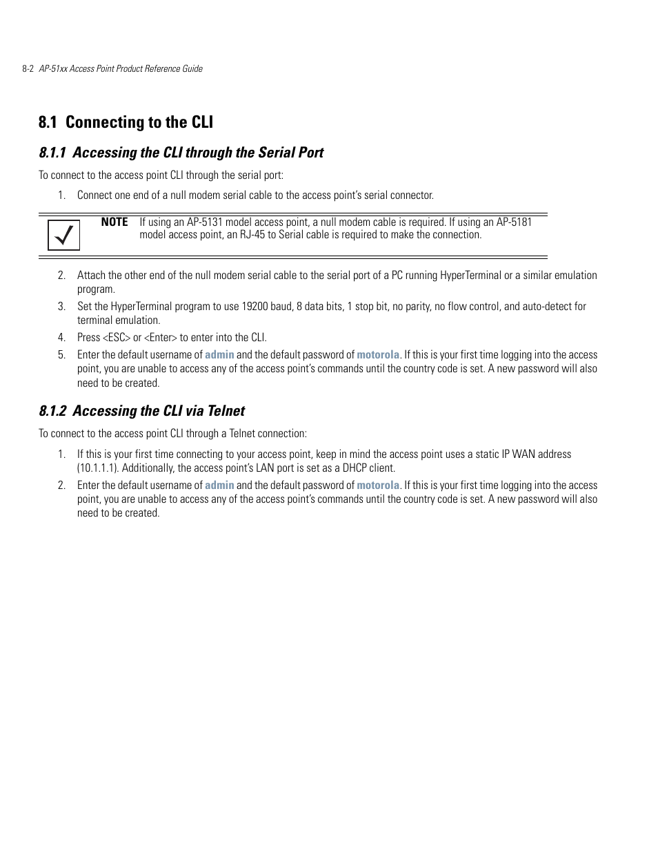 1 connecting to the cli, 1 accessing the cli through the serial port, 2 accessing the cli via telnet | E cli -2 | Motorola AP-51XX User Manual | Page 336 / 698