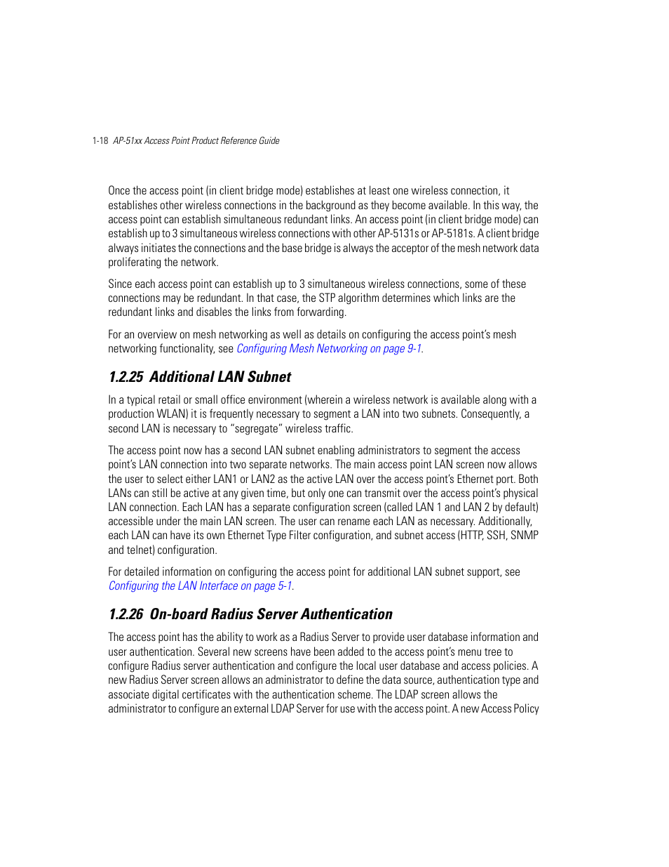 25 additional lan subnet, 26 on-board radius server authentication, Additional lan subnet | On-board radius server authentication | Motorola AP-51XX User Manual | Page 34 / 698