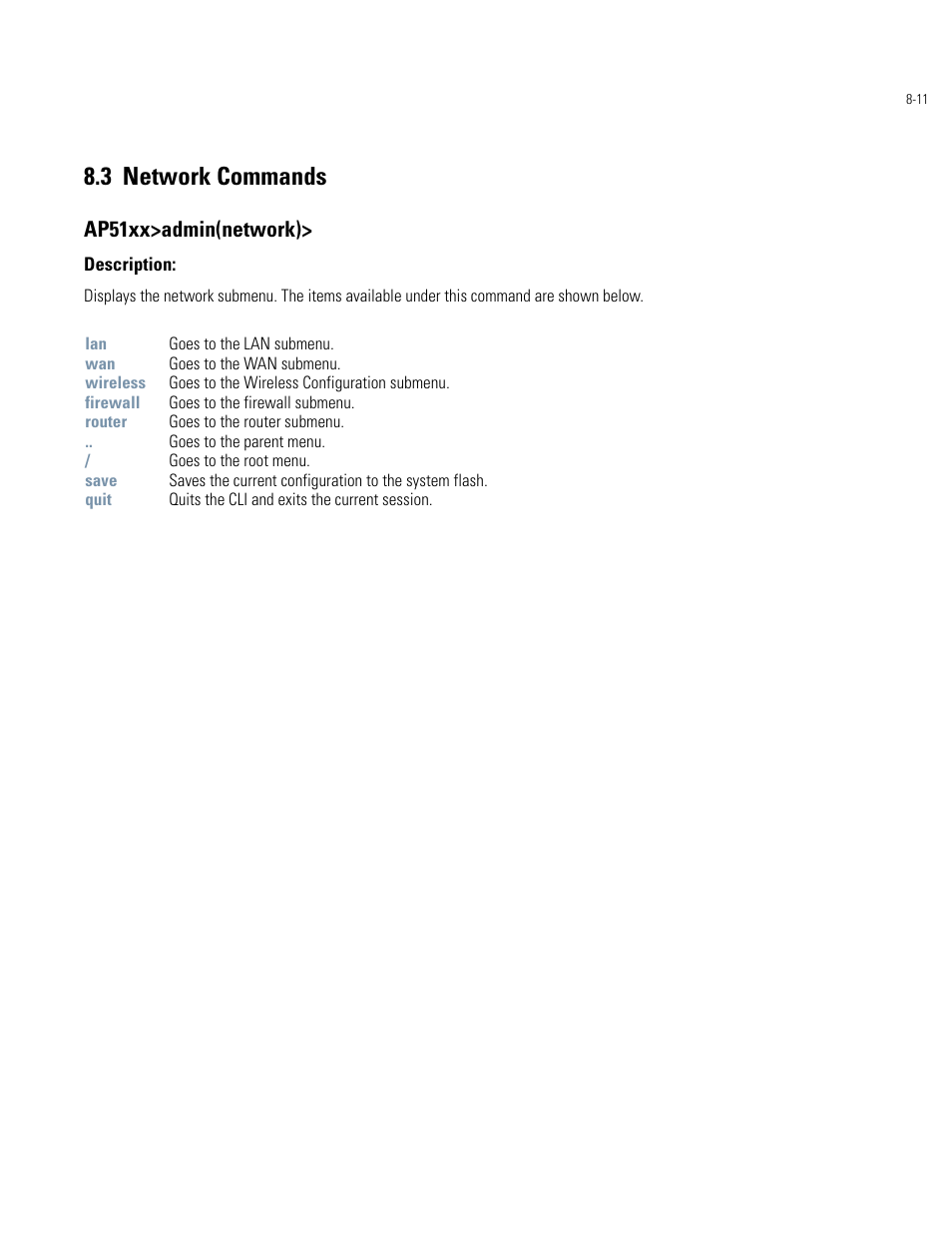 Network commands -11, 3 network commands, Ap51xx>admin(network) | Motorola AP-51XX User Manual | Page 345 / 698
