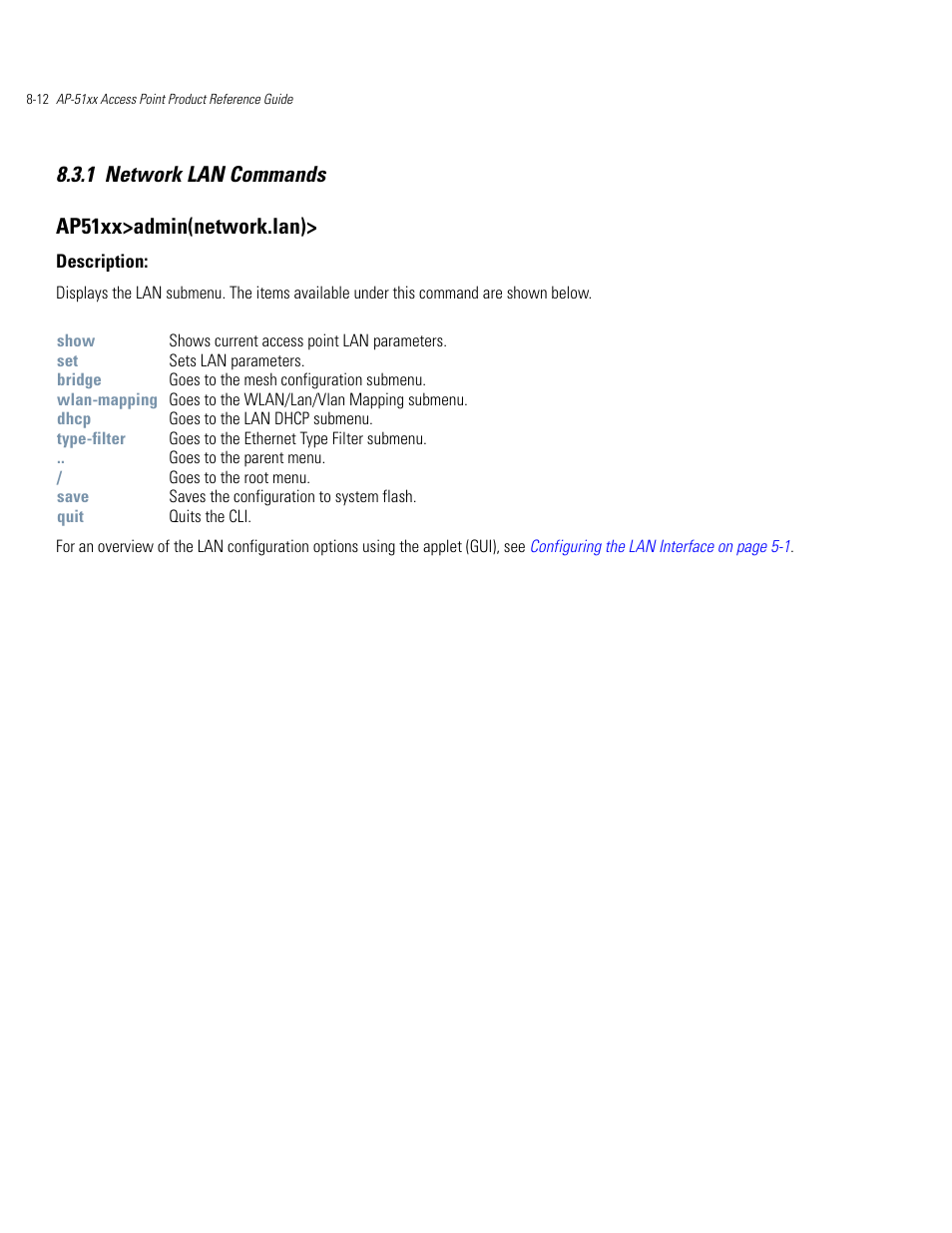 Network lan commands -12, 1 network lan commands ap51xx>admin(network.lan) | Motorola AP-51XX User Manual | Page 346 / 698