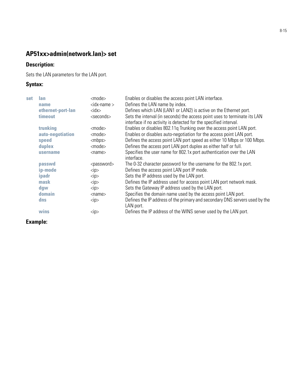 Ap51xx>admin(network.lan)> set | Motorola AP-51XX User Manual | Page 349 / 698