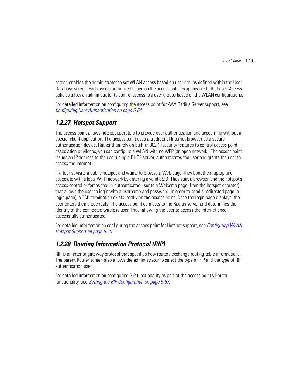 27 hotspot support, 28 routing information protocol (rip), Hotspot support | Routing information protocol (rip) | Motorola AP-51XX User Manual | Page 35 / 698