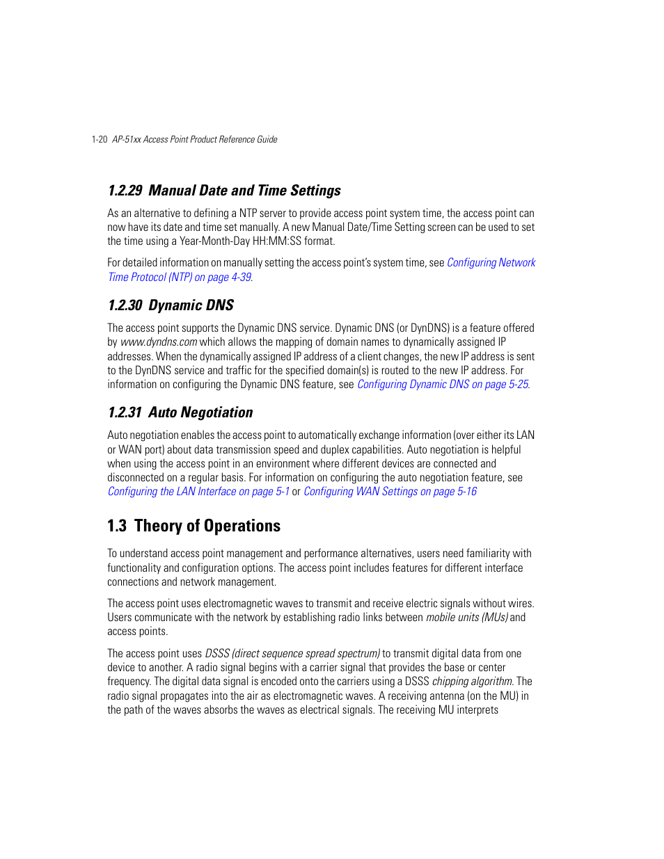 29 manual date and time settings, 30 dynamic dns, 31 auto negotiation | 3 theory of operations, Theory of operations -20, Refer to, Theory of operations on, Manual date and time settings, Dynamic dns, Auto negotiation | Motorola AP-51XX User Manual | Page 36 / 698