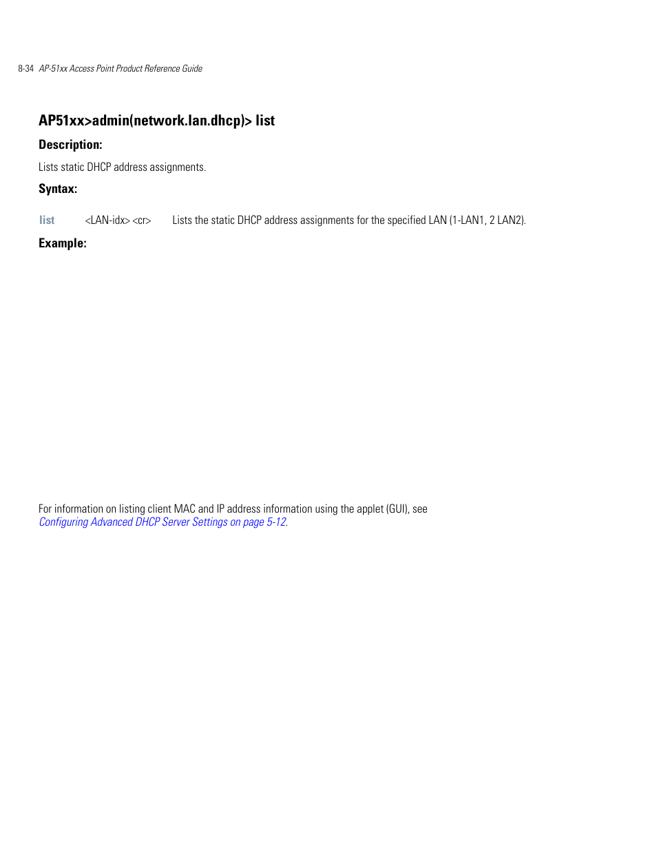 Ap51xx>admin(network.lan.dhcp)> list | Motorola AP-51XX User Manual | Page 368 / 698