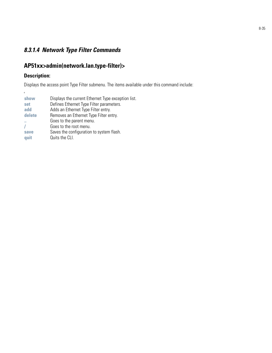 Network type filter commands -35 | Motorola AP-51XX User Manual | Page 369 / 698