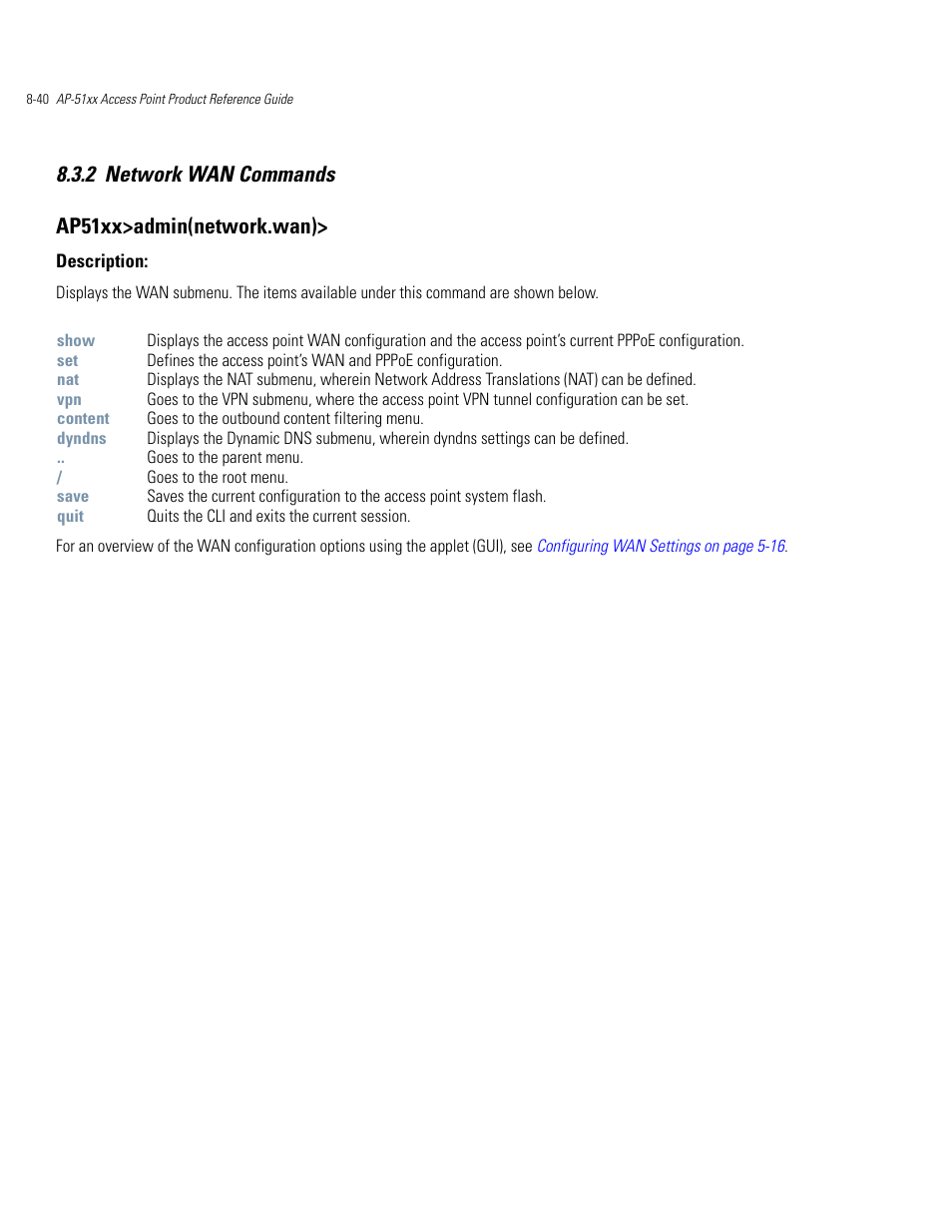 Network wan commands -40, 2 network wan commands ap51xx>admin(network.wan) | Motorola AP-51XX User Manual | Page 374 / 698