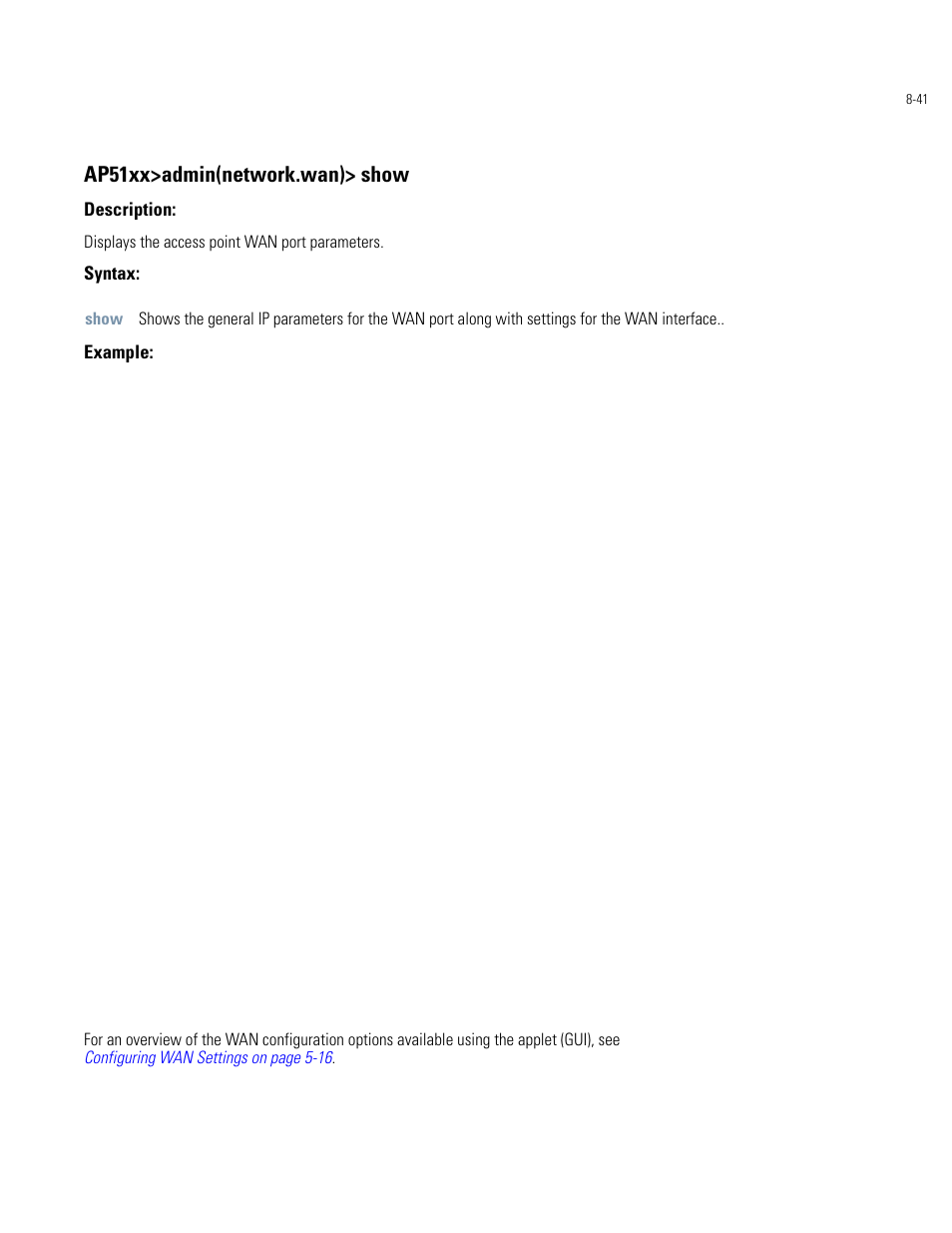 Ap51xx>admin(network.wan)> show | Motorola AP-51XX User Manual | Page 375 / 698