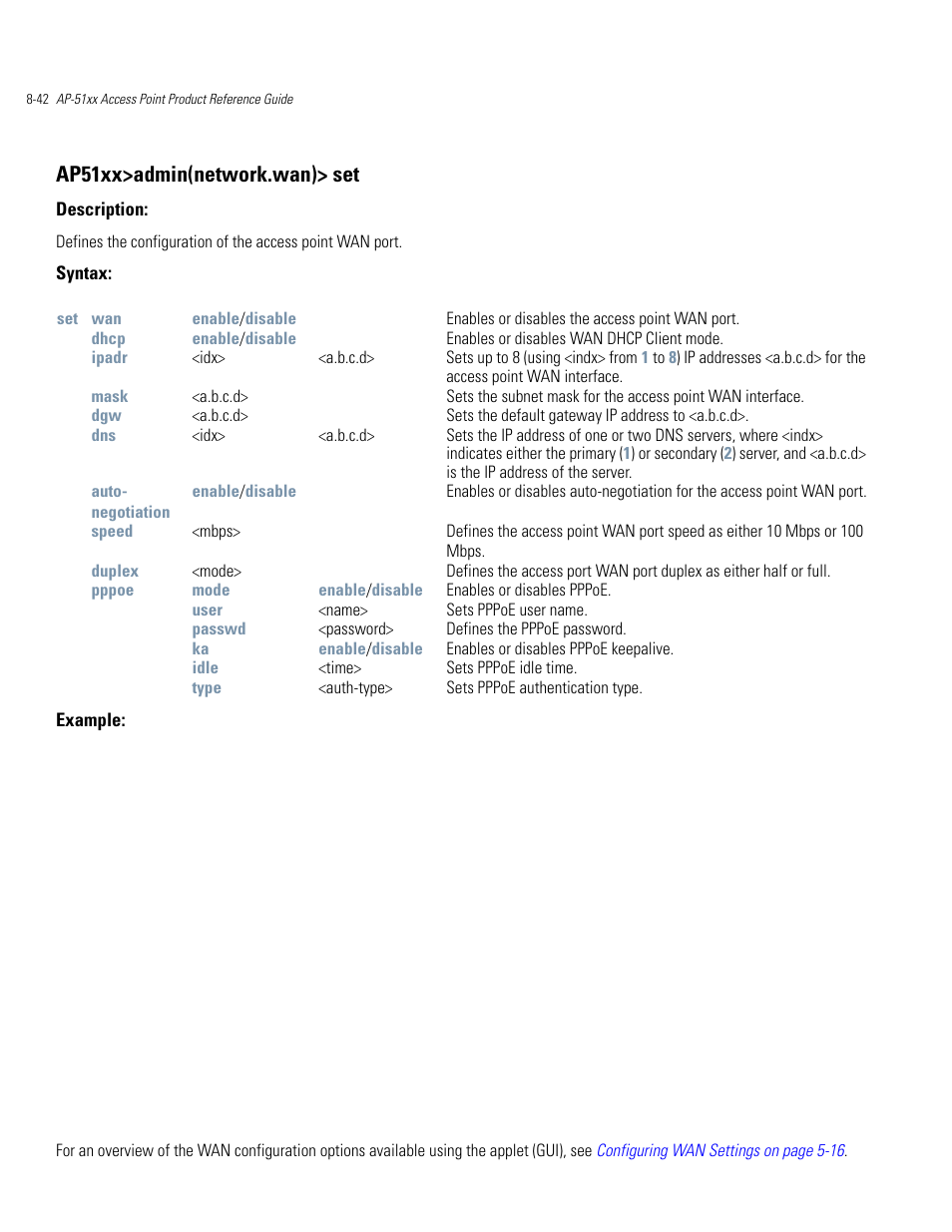 Ap51xx>admin(network.wan)> set | Motorola AP-51XX User Manual | Page 376 / 698