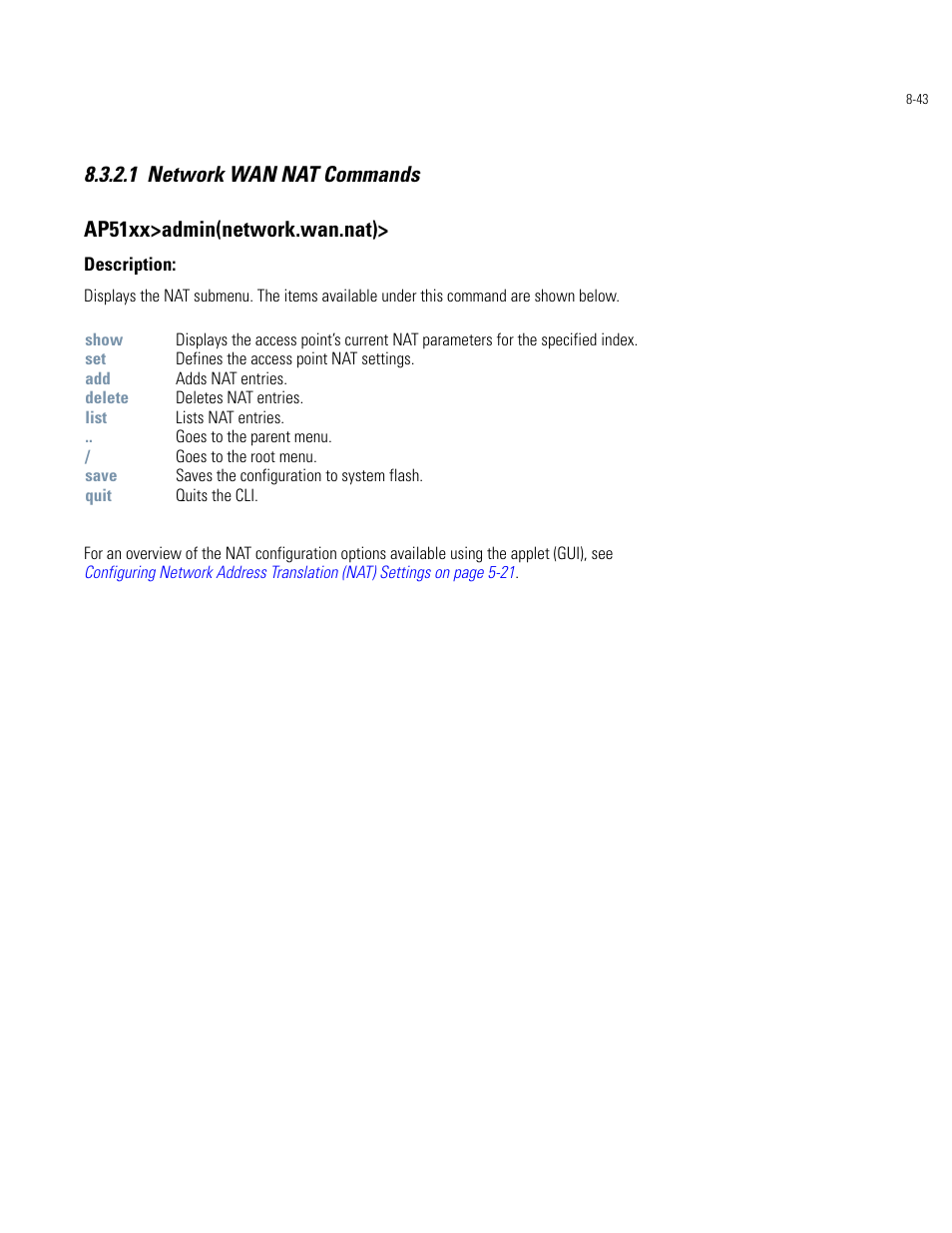 Network wan nat commands -43 | Motorola AP-51XX User Manual | Page 377 / 698