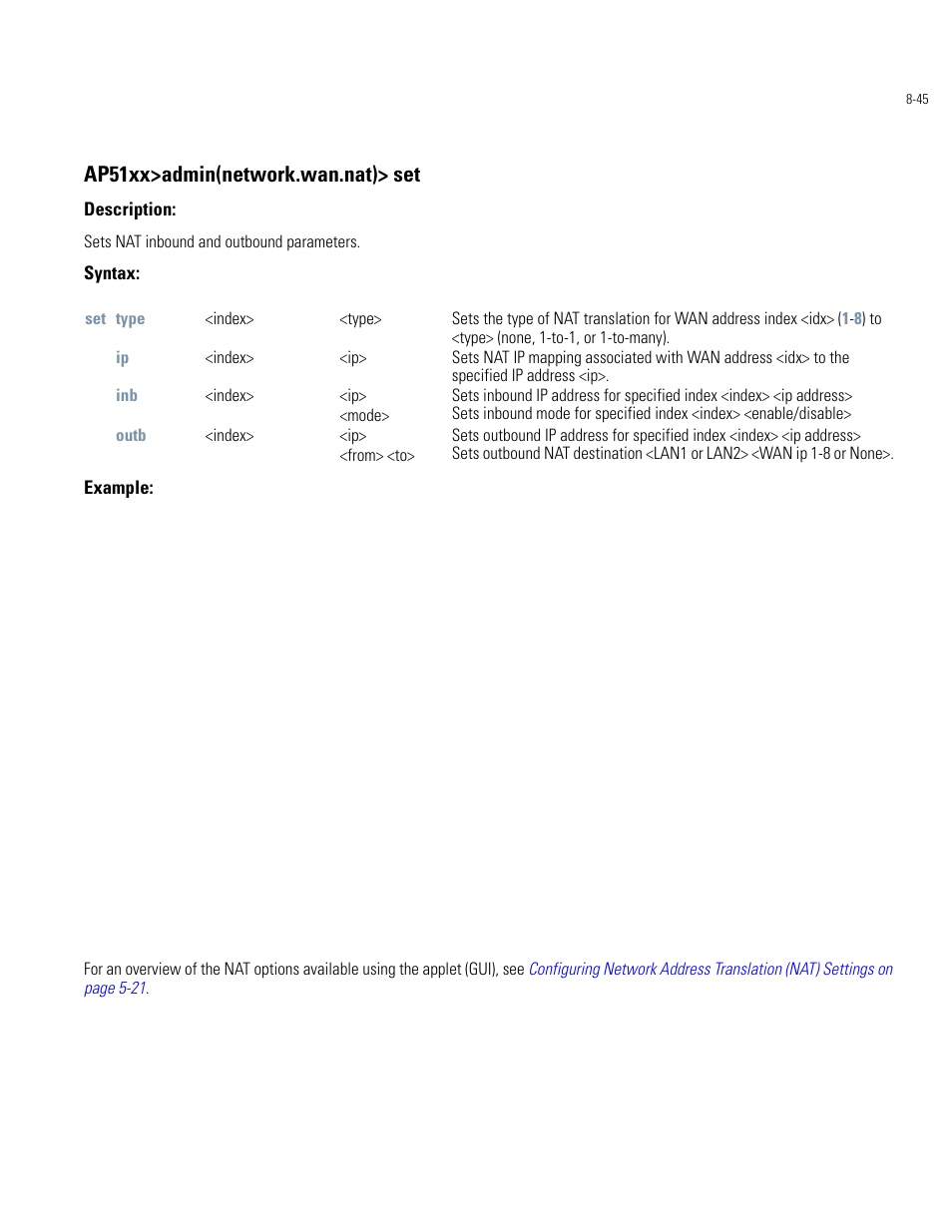 Ap51xx>admin(network.wan.nat)> set | Motorola AP-51XX User Manual | Page 379 / 698