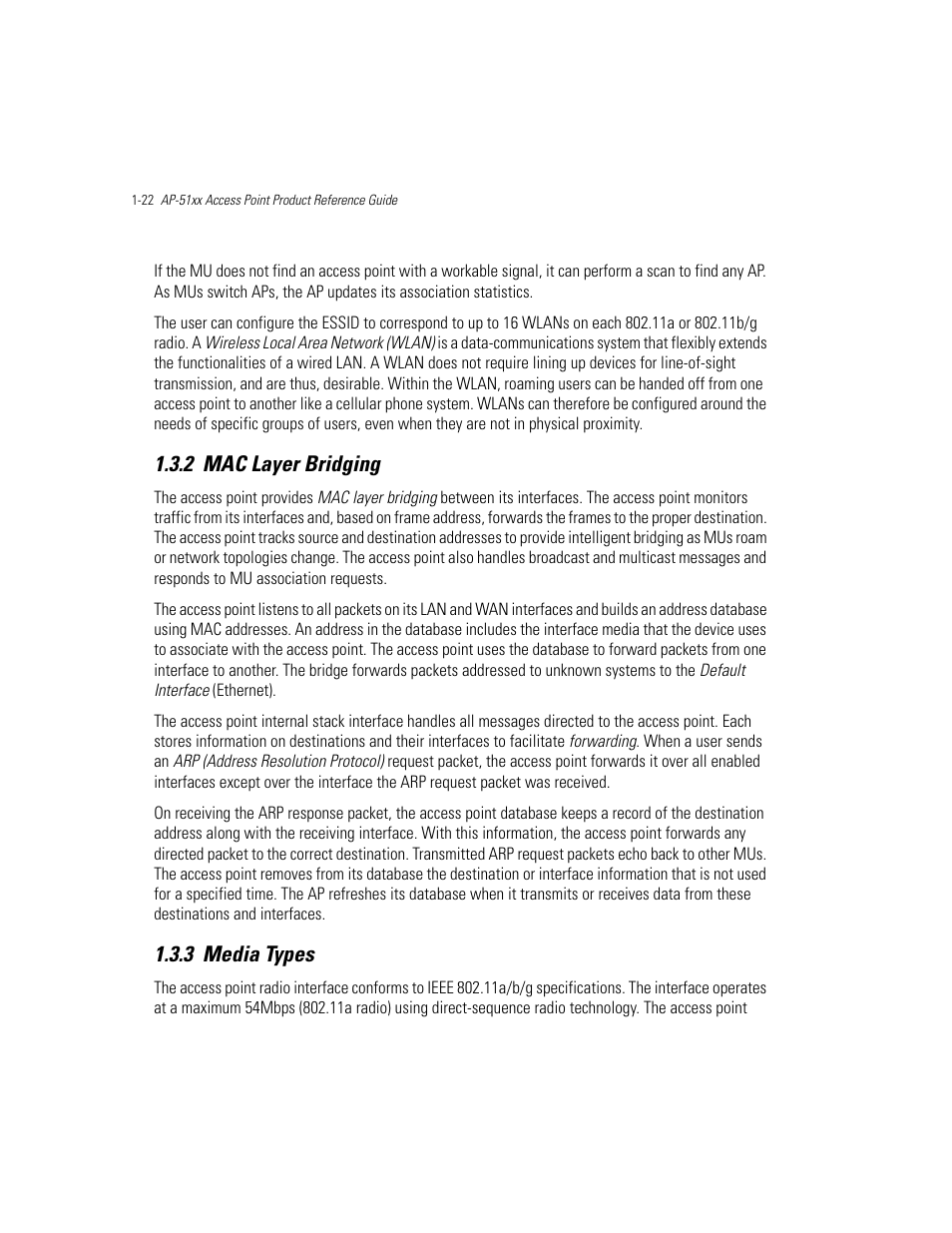 2 mac layer bridging, 3 media types, Mac layer bridging -22 media types -22 | Mac layer bridging, Media types | Motorola AP-51XX User Manual | Page 38 / 698