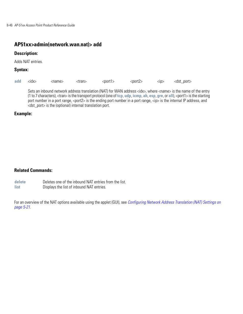 Ap51xx>admin(network.wan.nat)> add | Motorola AP-51XX User Manual | Page 380 / 698