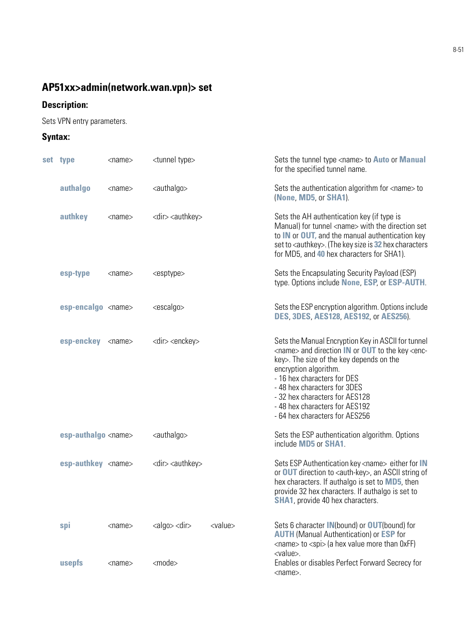 Ap51xx>admin(network.wan.vpn)> set | Motorola AP-51XX User Manual | Page 385 / 698