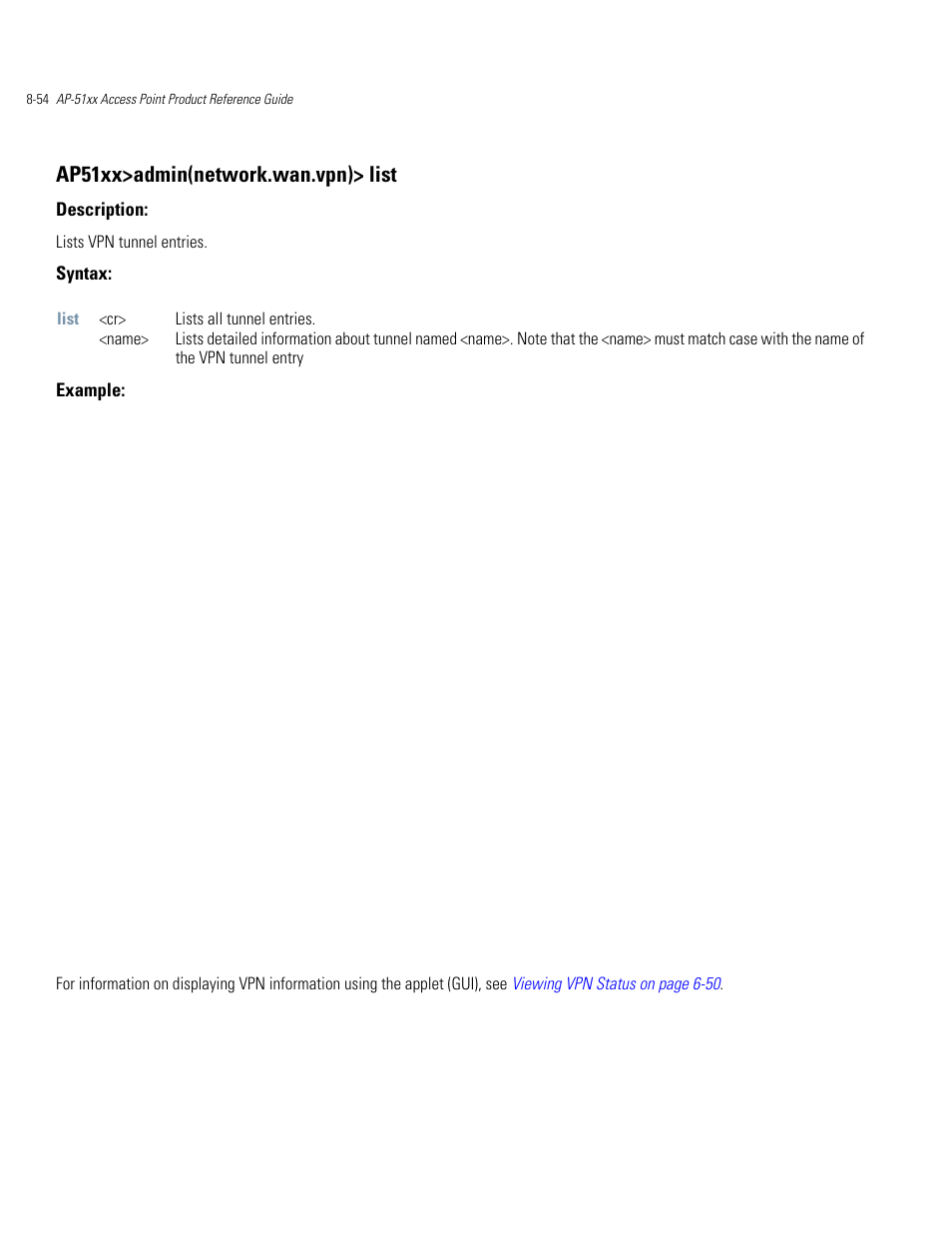 Ap51xx>admin(network.wan.vpn)> list | Motorola AP-51XX User Manual | Page 388 / 698