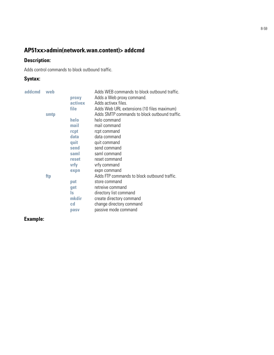 Ap51xx>admin(network.wan.content)> addcmd | Motorola AP-51XX User Manual | Page 393 / 698