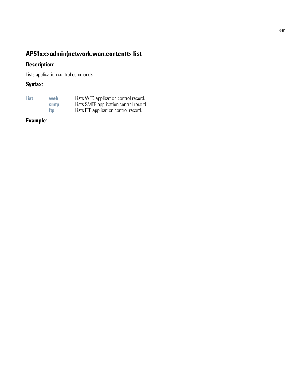 Ap51xx>admin(network.wan.content)> list | Motorola AP-51XX User Manual | Page 395 / 698