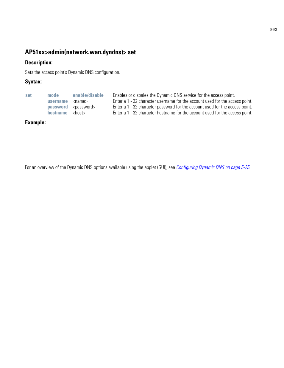 Ap51xx>admin(network.wan.dyndns)> set | Motorola AP-51XX User Manual | Page 397 / 698