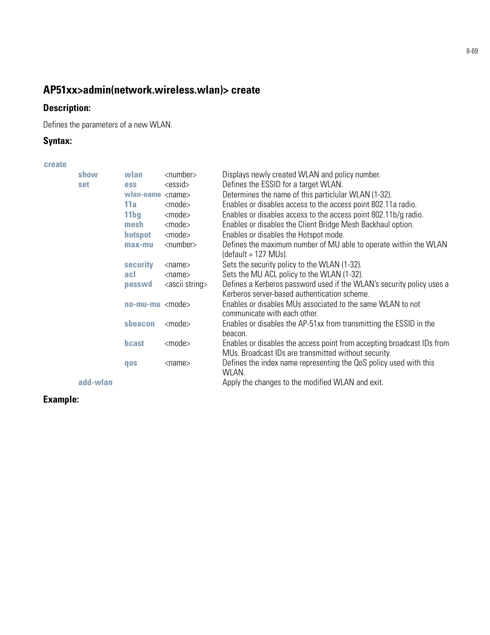 Ap51xx>admin(network.wireless.wlan)> create | Motorola AP-51XX User Manual | Page 403 / 698