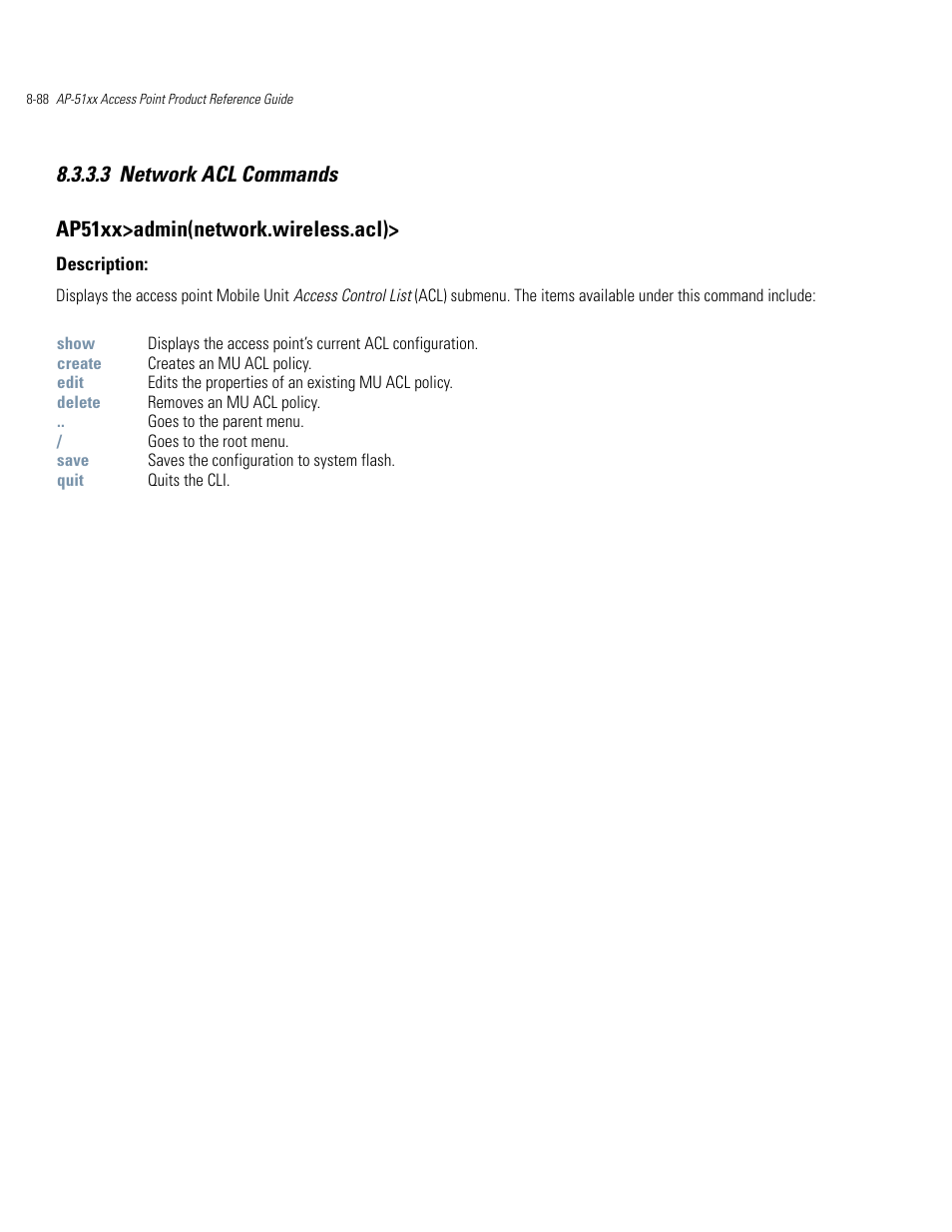 Network acl commands -88 | Motorola AP-51XX User Manual | Page 422 / 698