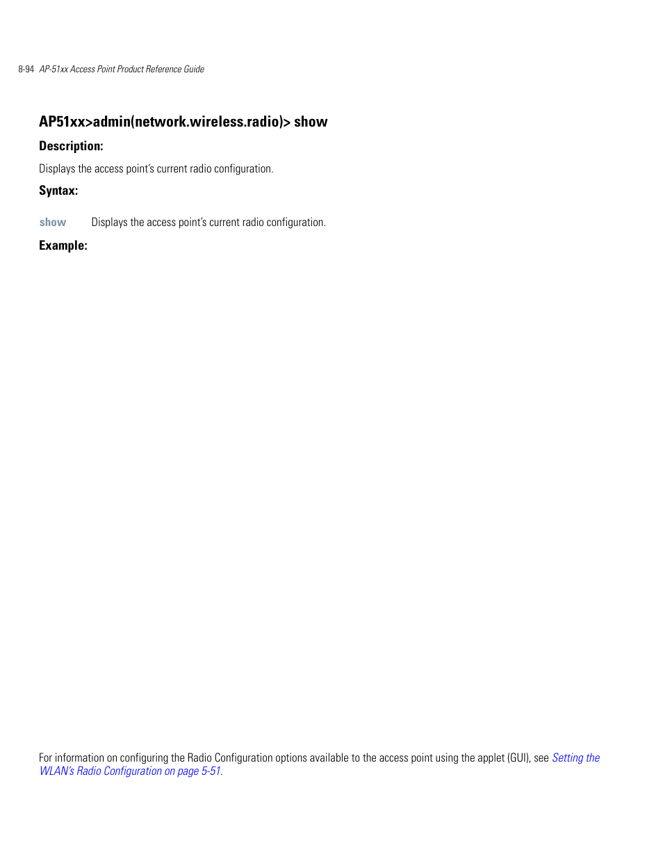 Ap51xx>admin(network.wireless.radio)> show | Motorola AP-51XX User Manual | Page 428 / 698