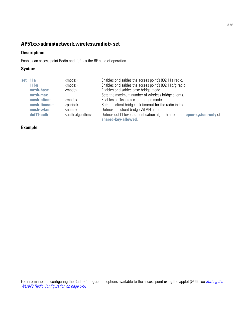 Ap51xx>admin(network.wireless.radio)> set | Motorola AP-51XX User Manual | Page 429 / 698