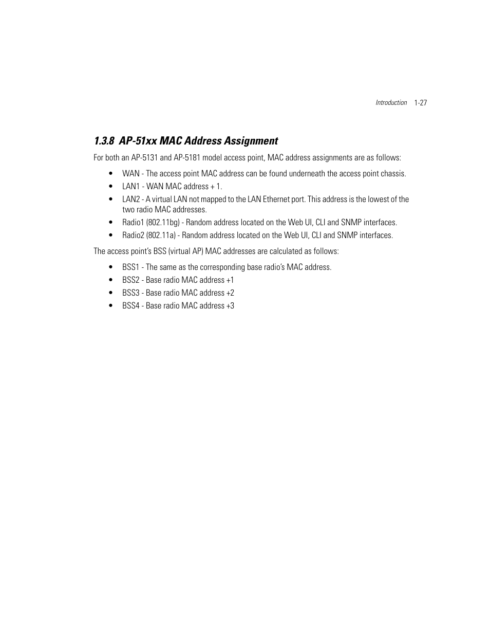 8 ap-51xx mac address assignment, Ap-51xx mac address assignment -27, Ap-51xx mac address assignment | Motorola AP-51XX User Manual | Page 43 / 698