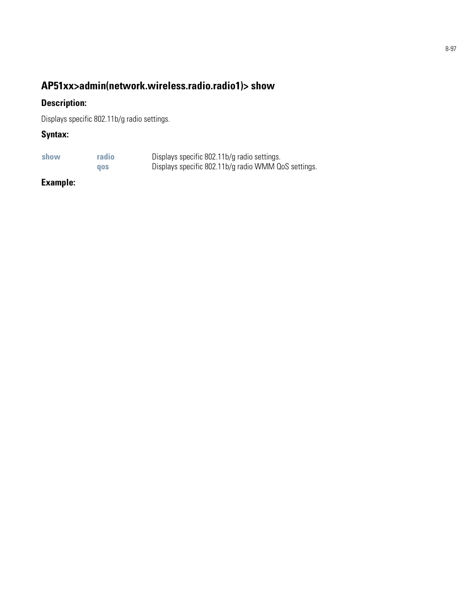 Ap51xx>admin(network.wireless.radio.radio1)> show | Motorola AP-51XX User Manual | Page 431 / 698