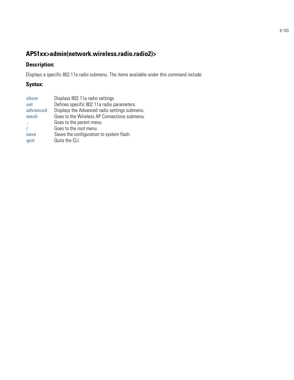 Ap51xx>admin(network.wireless.radio.radio2) | Motorola AP-51XX User Manual | Page 437 / 698