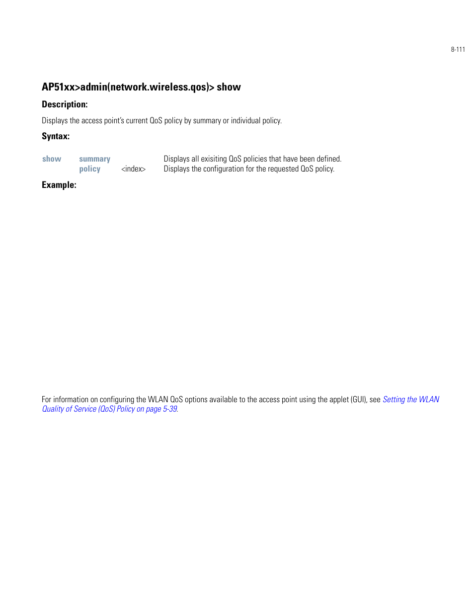 Ap51xx>admin(network.wireless.qos)> show | Motorola AP-51XX User Manual | Page 445 / 698