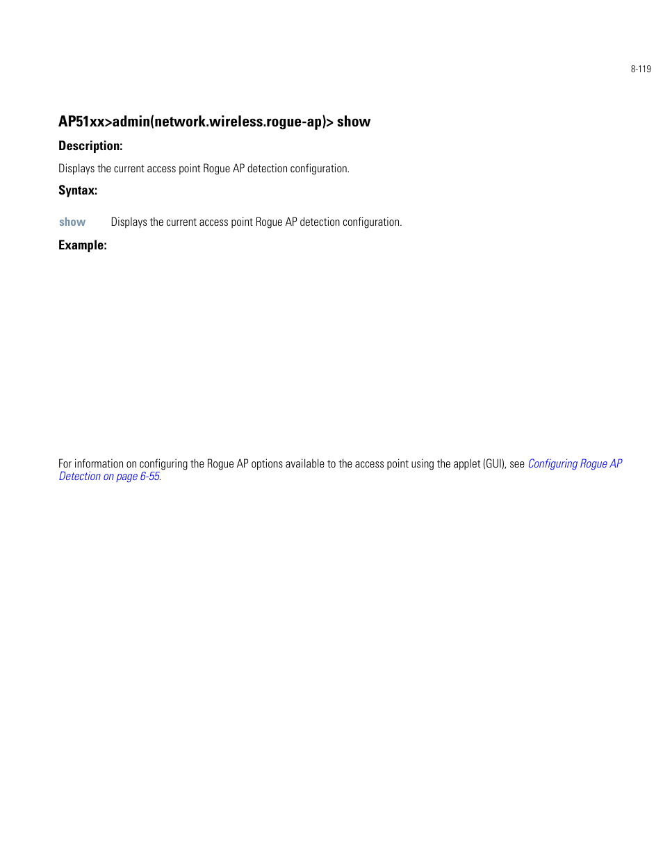 Ap51xx>admin(network.wireless.rogue-ap)> show | Motorola AP-51XX User Manual | Page 453 / 698