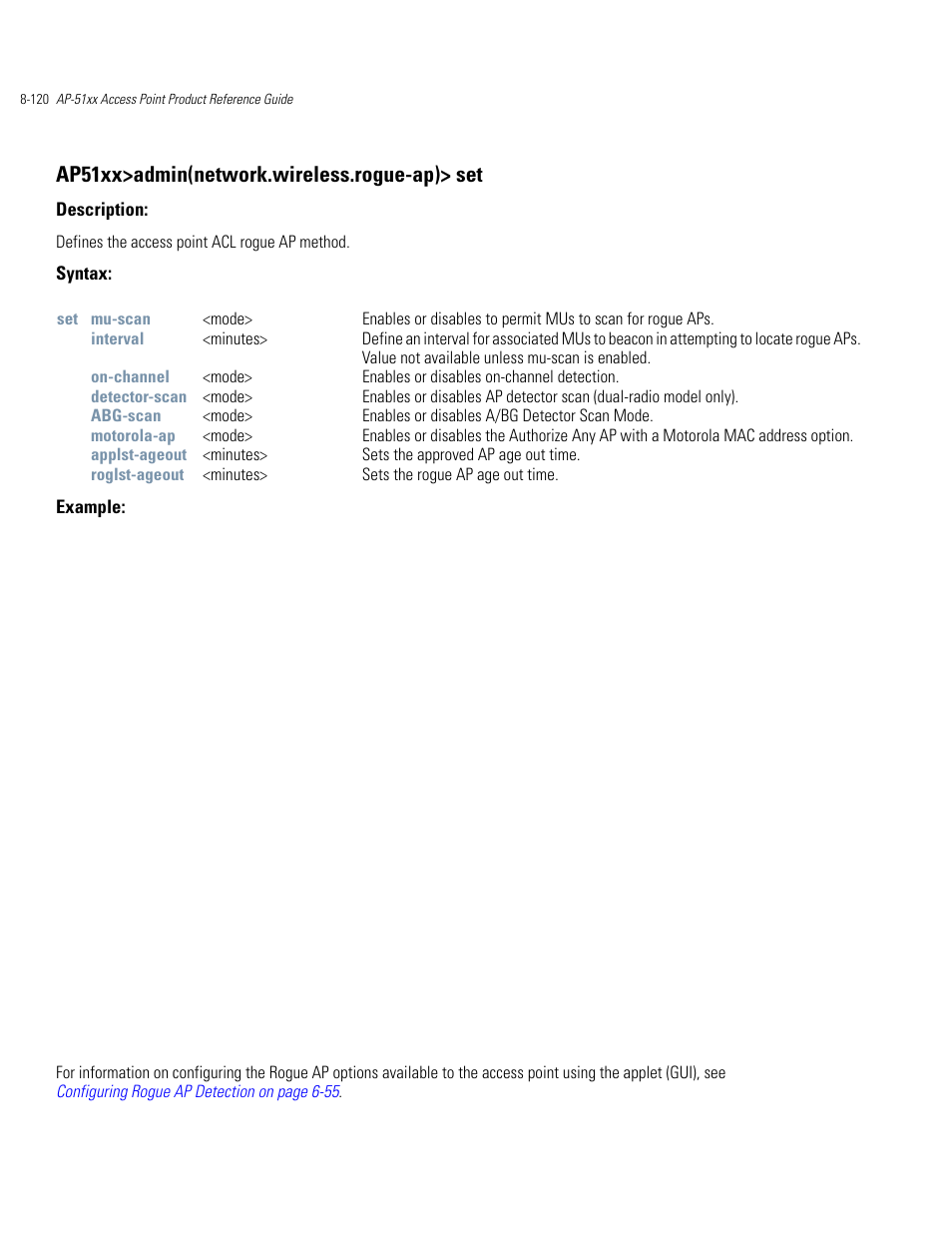 Ap51xx>admin(network.wireless.rogue-ap)> set | Motorola AP-51XX User Manual | Page 454 / 698