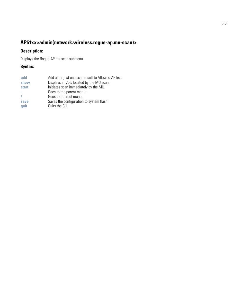 Ap51xx>admin(network.wireless.rogue-ap.mu-scan) | Motorola AP-51XX User Manual | Page 455 / 698