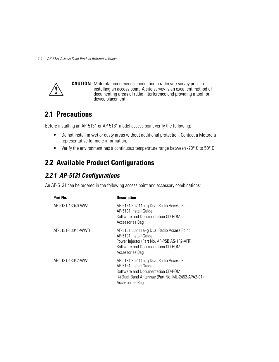 1 precautions, 2 available product configurations, 1 ap-5131 configurations | Precautions -2 available product configurations -2, Ap-5131 configurations -2, Precautions | Motorola AP-51XX User Manual | Page 46 / 698